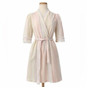 Vintage 80’s Lorraine rainbow stripe robe lace 0129 belted short pastel